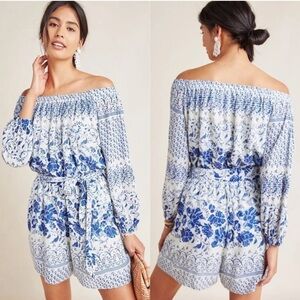 Anthropologie Clemente Off Shoulder Romper Womens Small Blue Floral Boho NO BELT